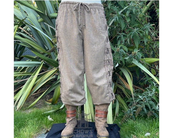 Medieval Straight Leg LARP Pants with Side Lace & Braiding, Brown Wool, Slim Cut, Viking, Pirate,Knight, Fantasy, Cosplay, Renaissance Faire