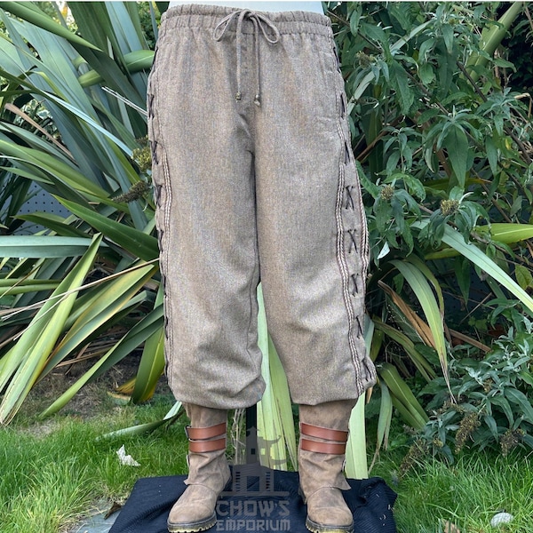 Medieval Straight Leg LARP Pants with Side Lace & Braiding, Brown Wool, Slim Cut, Viking, Pirate,Knight, Fantasy, Cosplay, Renaissance Faire