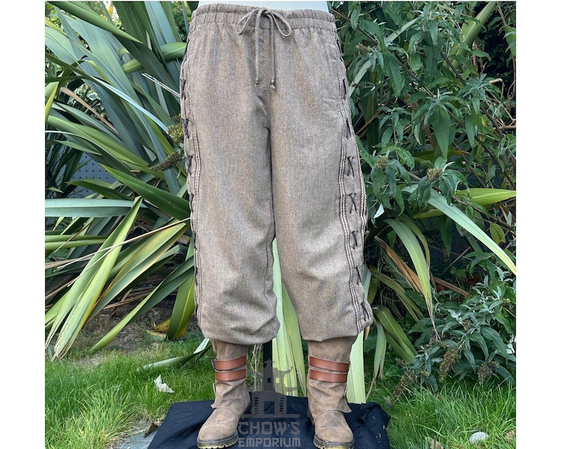 Medieval Straight Leg LARP Pants with Side Lace & Braiding, Brown Wool, Slim Cut, Viking, Pirate,Knight, Fantasy, Cosplay, Renaissance Faire image 1