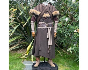 Forest Alchemist LARP Outfit - 5 Pieces; Brown & Green, Cloak, Hood, Arm Wraps, Belt, Sash