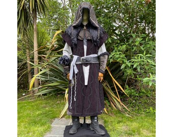 Shadow Alchemist LARP Outfit, 6 Pieces, Grey & Black, Waistcoat, Hood, Vambraces, Tunic, Pants, Sash, Cosplay, Ren Faire, History Costume
