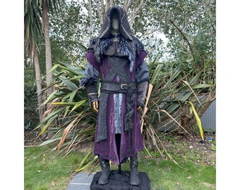 Shadow Master LARP Outfit - 7 Pieces; Purple Panel Waistcoat, Jacket, Ornate Hood, Vambraces, Scarf Hood, Belt, Sash