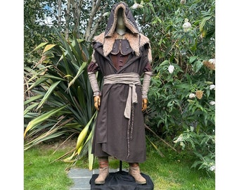 Forest Wild Ranger LARP Outfit - 4 Pieces; Brown 4 Way Cloak, Ornate Faux Leather Fleece Lined Hood, Arm Wraps, Sash