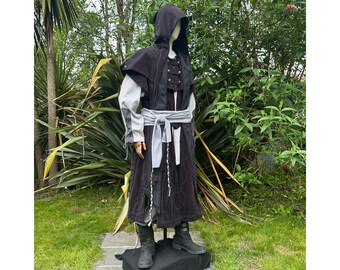 LARP 2 Piece Outfit Set, Suede Effect Panel Waistcoat, Hood, Grey for Cosplay, Renaissance Faire, Vikings, Medieval or History events