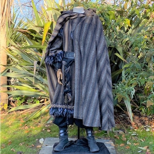 Hooded 4 Way Cloak - Brown & Black Striped Mohair Wool | For LARP, Ranger, Medieval, Viking, Warrior, Druid, Fantasy Cosplay, and Ren Faires