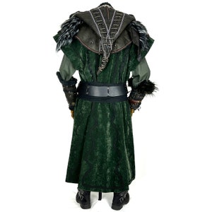 Twilight Alchemist LARP Outfit 7 Pieces, Green Waistcoat, Faux Leather Hood, Vambraces, Tunic, Pants, Sash and Necklace image 4