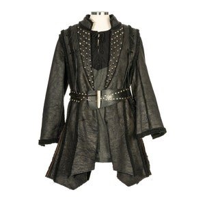 Dark Warrior 3-Piece Set – Perfect for Fighter, Warlock, and Assassin characters in LARP, Cosplay, and Ren Faire. Includes Faux Fur lined Studded faux leather Coat, Hood, and Vambraces.