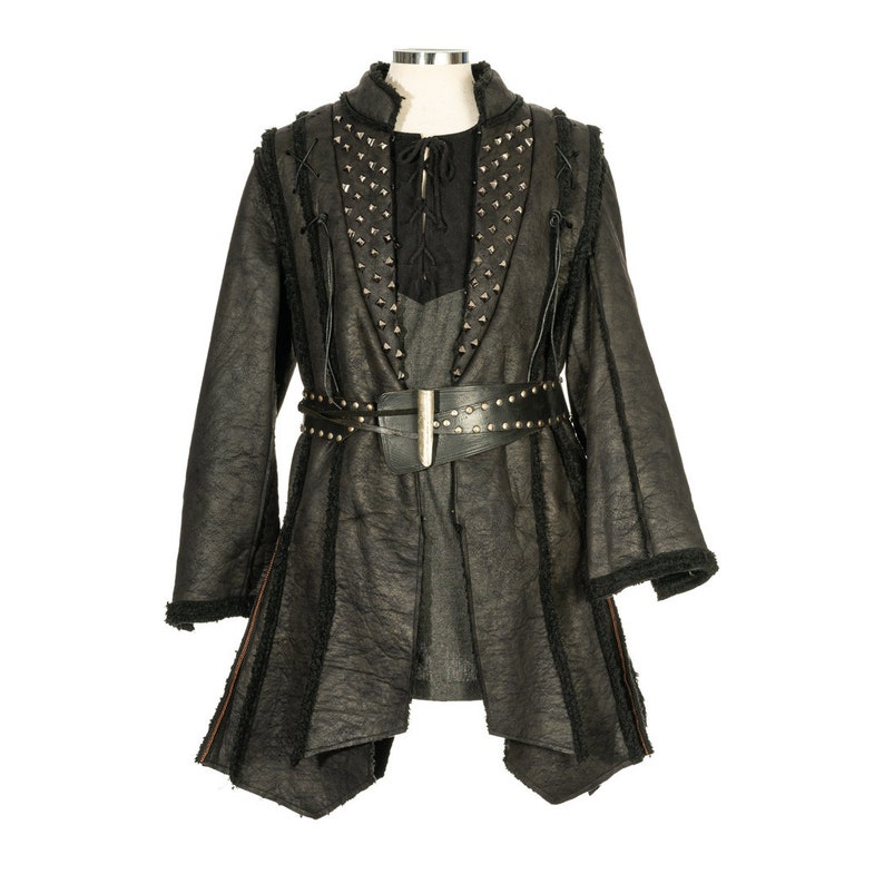 Dark Warrior 3-Piece Set – Perfect for Fighter, Warlock, and Assassin characters in LARP, Cosplay, and Ren Faire. Includes Faux Fur lined Studded faux leather Coat, Hood, and Vambraces.