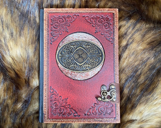 Leather Bound Journal with Metal Clasp and Oval Celtic Symbol 2 - Red A5 Note Book
