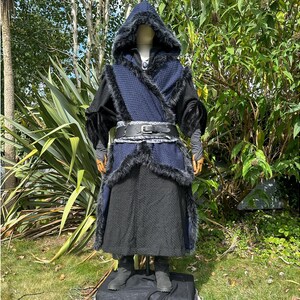 LARP Cape with Hood, Blue & Black Wool, Renaissance Faire Cape, Medieval Fantasy Costume, Faux Fur Trim, Reversible, Viking, Ranger, Druid