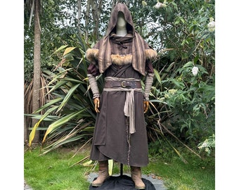 Forest Alchemist LARP Outfit - 6 Pieces; Brown & Green, Cloak, Tunic, Hood, Pants, Belt, Sash