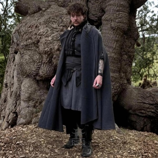 Grey Wool Cloak with Hood, Medieval Hooded Cloak, Warm Winter Cape, Wizard Robe, Mage Knight Viking Ranger LARP Cosplay, 4-Way