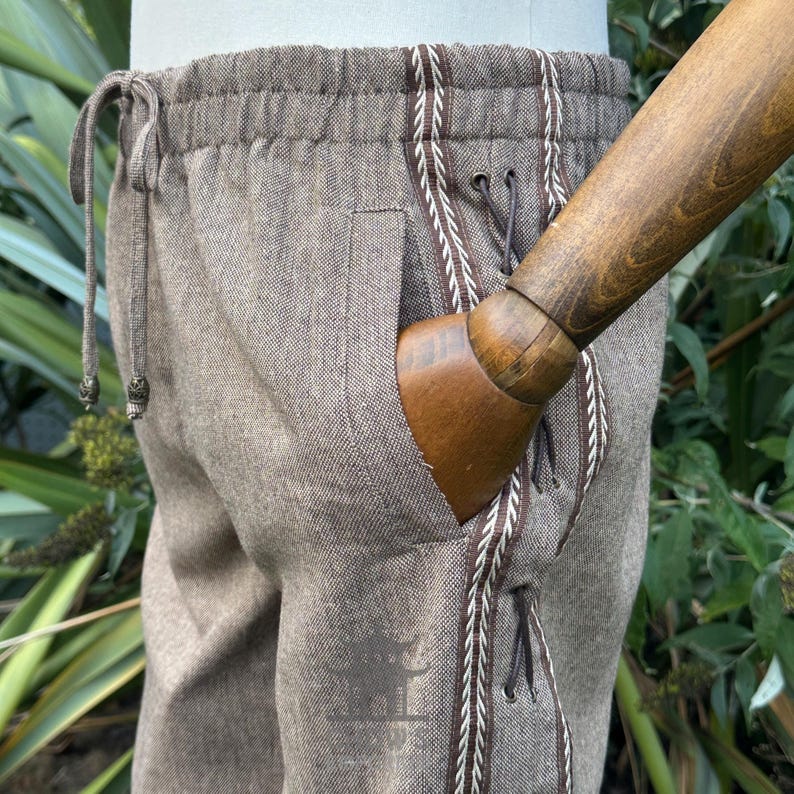 Medieval Straight Leg LARP Pants with Side Lace & Braiding, Brown Wool, Slim Cut, Viking, Pirate,Knight, Fantasy, Cosplay, Renaissance Faire image 5