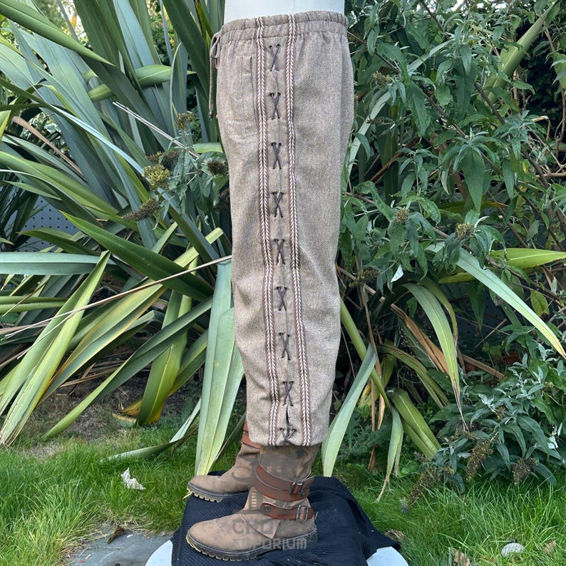 Medieval Straight Leg LARP Pants with Side Lace & Braiding, Brown Wool, Slim Cut, Viking, Pirate,Knight, Fantasy, Cosplay, Renaissance Faire image 4