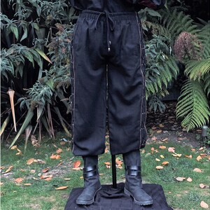 Medieval Straight Leg Pants - Black Cotton Trousers with Side Lace and Braiding