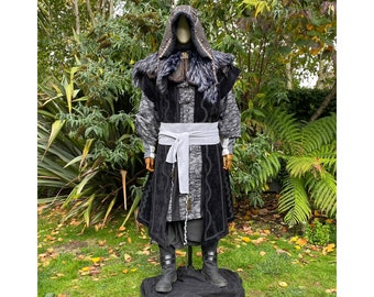 Dark King LARP Outfit - 4 Pieces; Black Panel Waistcoat, Robe, Ornate Hood, Sash