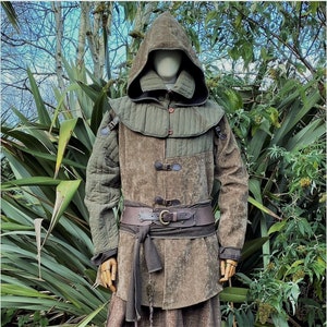 Forest Warrior LARP Outfit - 2 Pieces; Green & Brown Gambeson Jacket and Hood