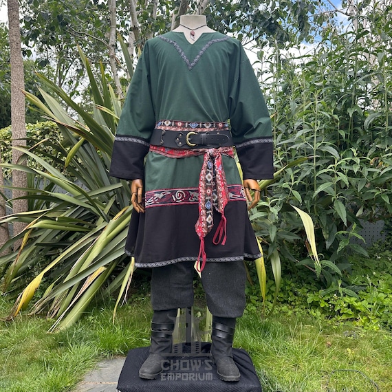 Viking Tunic, Green Black Medieval Tunic for LARP, Pirate
