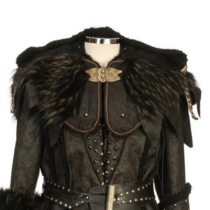 Dark Warrior 3-Piece Set – Perfect for Fighter, Warlock, and Assassin characters in LARP, Cosplay, and Ren Faire. Includes Faux Fur lined Studded faux leather Coat, Hood, and Vambraces.