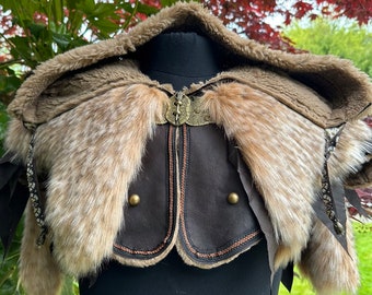 Viking LARP Ornate Faux Leather Hood in Brown with Faux Fur and fleece lining, for Cosplay Ranger, Archer, Wood Elf, Barbarian and Ren Faire