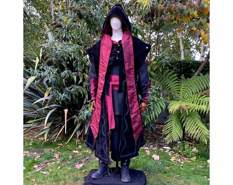 Medieval Waistcoat and Hood outfit set in Black and Red with Suede Effect material, perfect Necromancer, Alchemist, Wizard LARP characters