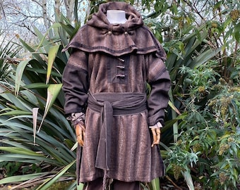 Woodland Archer LARP Outfit - 3 Piece Set; Mohair Button Down Tunic, Hood, Sash