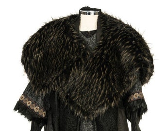 Reversible Fur LARP Mantle - Black & Brown Shoulder Cape - Faux Fur and Leather