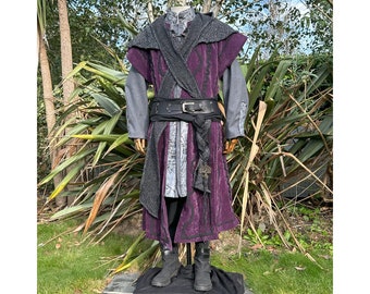 Shadow Wizard LARP Outfit - 5 Pieces; Purple Panel Waistcoat, Jacket, Hood, Belt, Sash