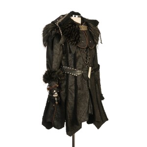 Dark Warrior 3-Piece Set – Perfect for Fighter, Warlock, and Assassin characters in LARP, Cosplay, and Ren Faire. Includes Faux Fur lined Studded faux leather Coat, Hood, and Vambraces.