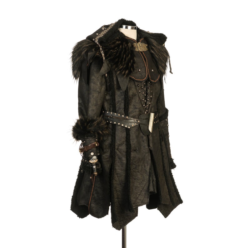 Dark Warrior 3-Piece Set – Perfect for Fighter, Warlock, and Assassin characters in LARP, Cosplay, and Ren Faire. Includes Faux Fur lined Studded faux leather Coat, Hood, and Vambraces.