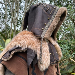 Ornate LARP Hood - Brown Faux Leather and Faux Fur with Fleece Lining