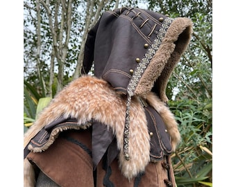 Ornate LARP Hood - Brown Faux Leather and Faux Fur with Fleece Lining