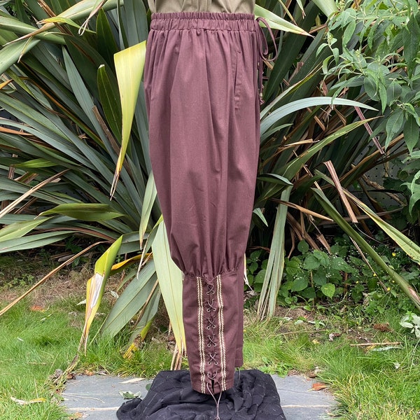 Medieval Viking Pants - Brown Cotton Trousers with Braiding