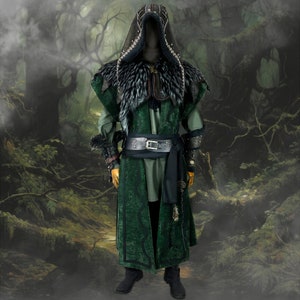 Twilight Alchemist LARP Outfit 7 Pieces, Green Waistcoat, Faux Leather Hood, Vambraces, Tunic, Pants, Sash and Necklace image 1