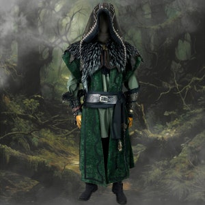 Twilight Alchemist LARP Outfit - 7 Pieces, Green Waistcoat, Faux Leather Hood, Vambraces, Tunic, Pants, Sash and Necklace