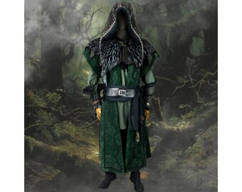 Twilight Alchemist LARP Outfit - 7 Pieces, Green Waistcoat, Faux Leather Hood, Vambraces, Tunic, Pants, Sash and Necklace