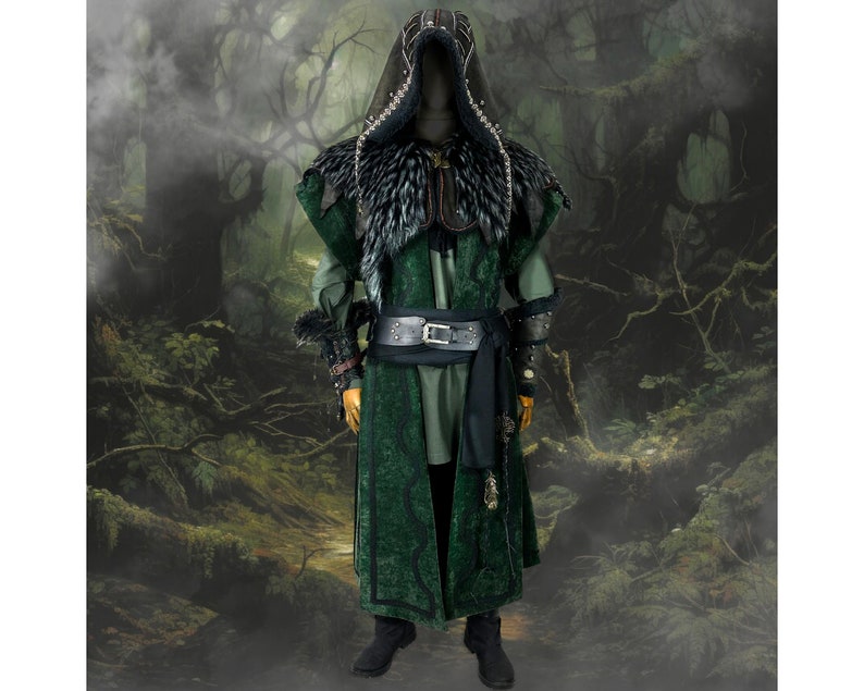 Twilight Alchemist LARP Outfit 7 Pieces, Green Waistcoat, Faux Leather Hood, Vambraces, Tunic, Pants, Sash and Necklace image 1