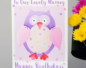 Owl Birthday Card for Nanny, Personalised Card for Nan, Nanna Nana, Gran, Granny, Grandma Grandparent from Grandchildren by Liza J design