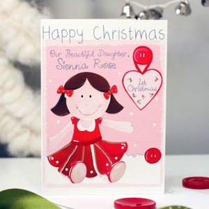 Personalised Rag Doll Girl 1st Christmas Card / Baby's First Christmas, Daughter, Granddaughter / Liza J design Dark Brown