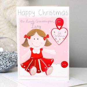 Personalised Rag Doll Girl 1st Christmas Card / Baby's First Christmas, Daughter, Granddaughter / Liza J design Brown