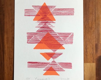 Pyramids 2 -Mid century, fifties inspired abstract screenprint. Modern, original, handmade fine art print, red, orange.