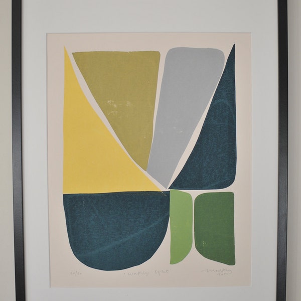 Sérigraphie inspirée des années 1950, art abstrait, jaune, vert, gris, marine, décor mural moderne de Jon Mackay