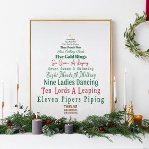 12 Tage Weihnachten Digitaldruck. Klassische Weihnachtslieder Typografie Weihnachtsbaum Urlaub Wohnkultur Wandkunst. Weihnachtskarte Geschenkanhänger