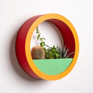 May include: A round wall planter with a red outer ring, a yellow inner ring, and a green inner shelf. The planter is filled with a variety of succulents and a cactus.