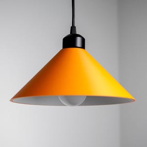 May include: A contemporary pendant light featuring an orange, cone-shaped lampshade. The interior is white, with a black top and cord. The light bulb is visible. The lampshade's diameter is approximately 30 cm.