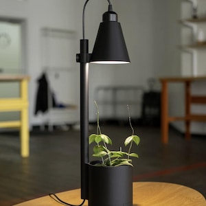 Può includere: Una lampada da scrivania nera con un vaso per piante integrato nella base. La lampada ha un paralume nero e un braccio lungo e sottile. Il vaso per piante è cilindrico e ha una piccola pianta che cresce all'interno.