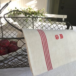French Kitchen Towel With Red GB Monogram// Linen Cotton// Red Stripes Dish Towel// Vintage French Metis Linen Torchon// Kitchen Dish Towel