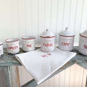 Set of 6 French Vintage Canisters// French Enamelware// Marbled White and Red// 1930s French Canisters