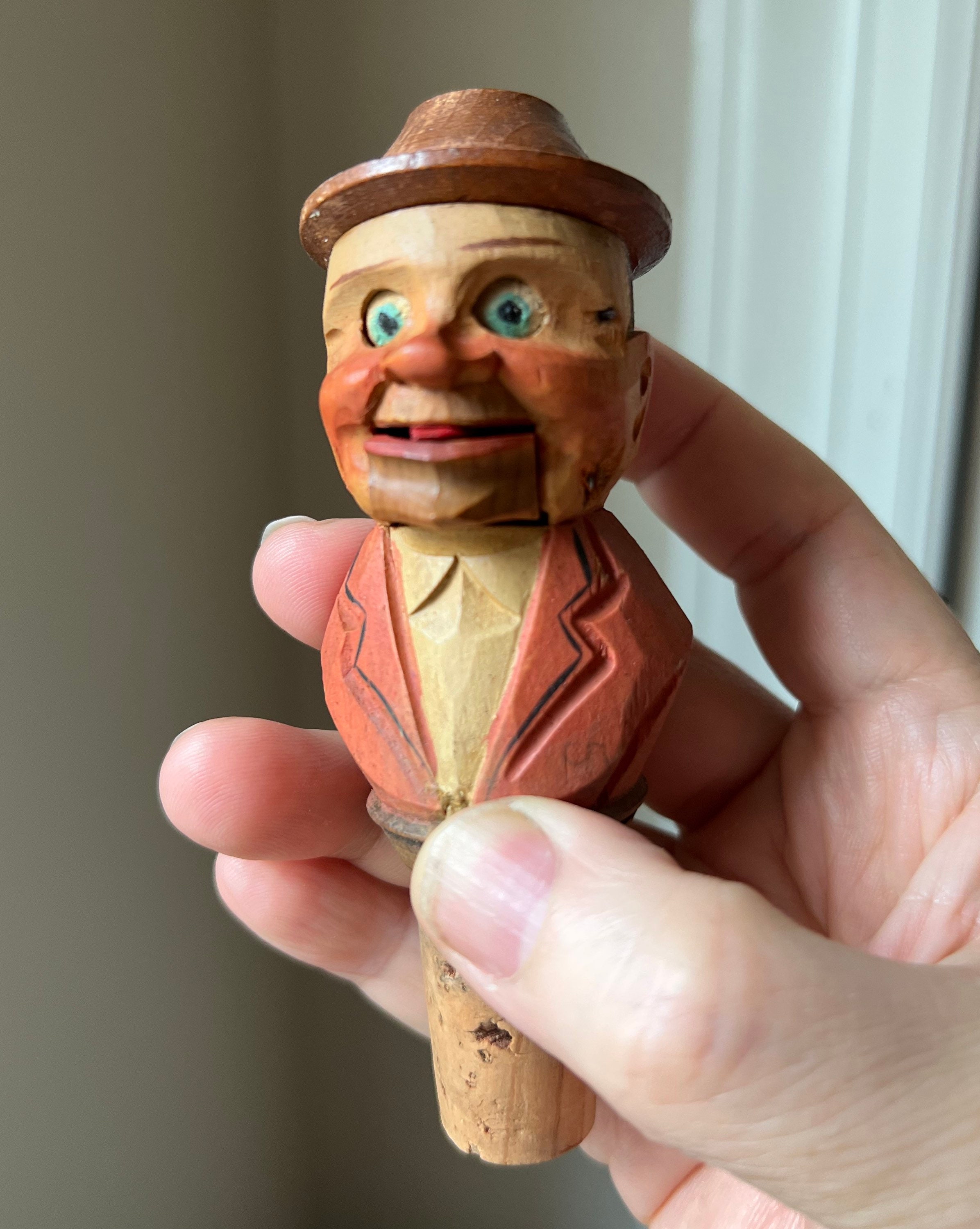 ANRI Wooden Carving Bottle Cork Stopper Hated Man Making Faces Etsy