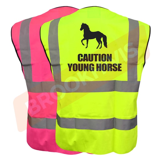 Equestrian CAUTION YOUNG HORSE Hi Viz Vis Vest Horse Riding Reflective Waistcoat Jacket Road Safety Visibility